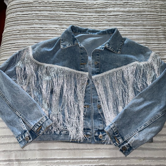Jackets & Blazers - Western Jean Jacket with long white shiny fringe